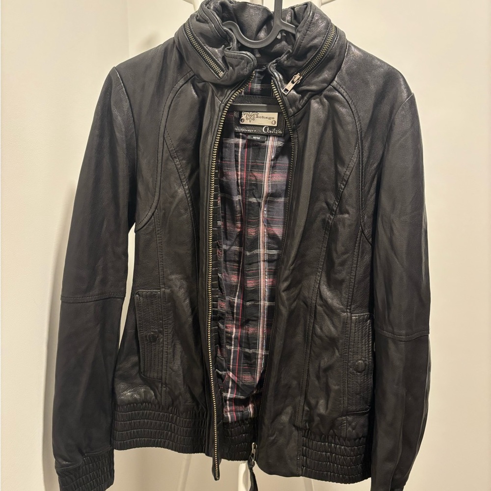 Aritzia Mackage Black Leather Jacket with Plaid Lining